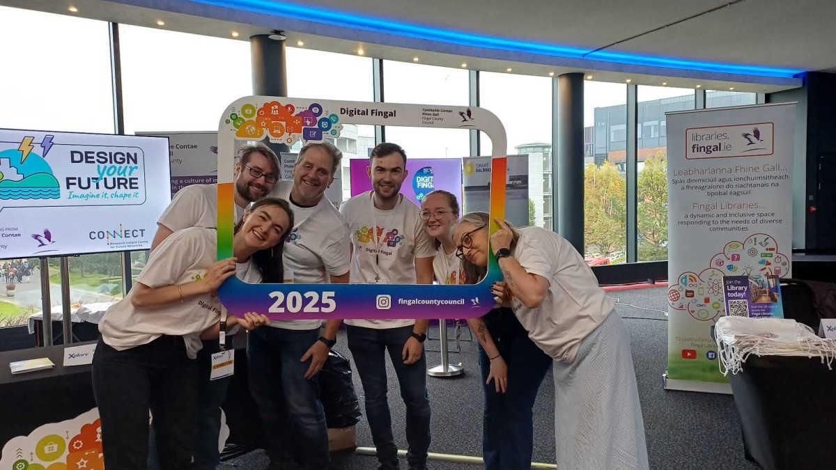 From left to right, Grace D'Arcy, Kieran Tindley, Steven Flynn, David Onitiu, Megan Davidson and Anna Maria MacCourt, at the stand holding the Fingal CC event banner