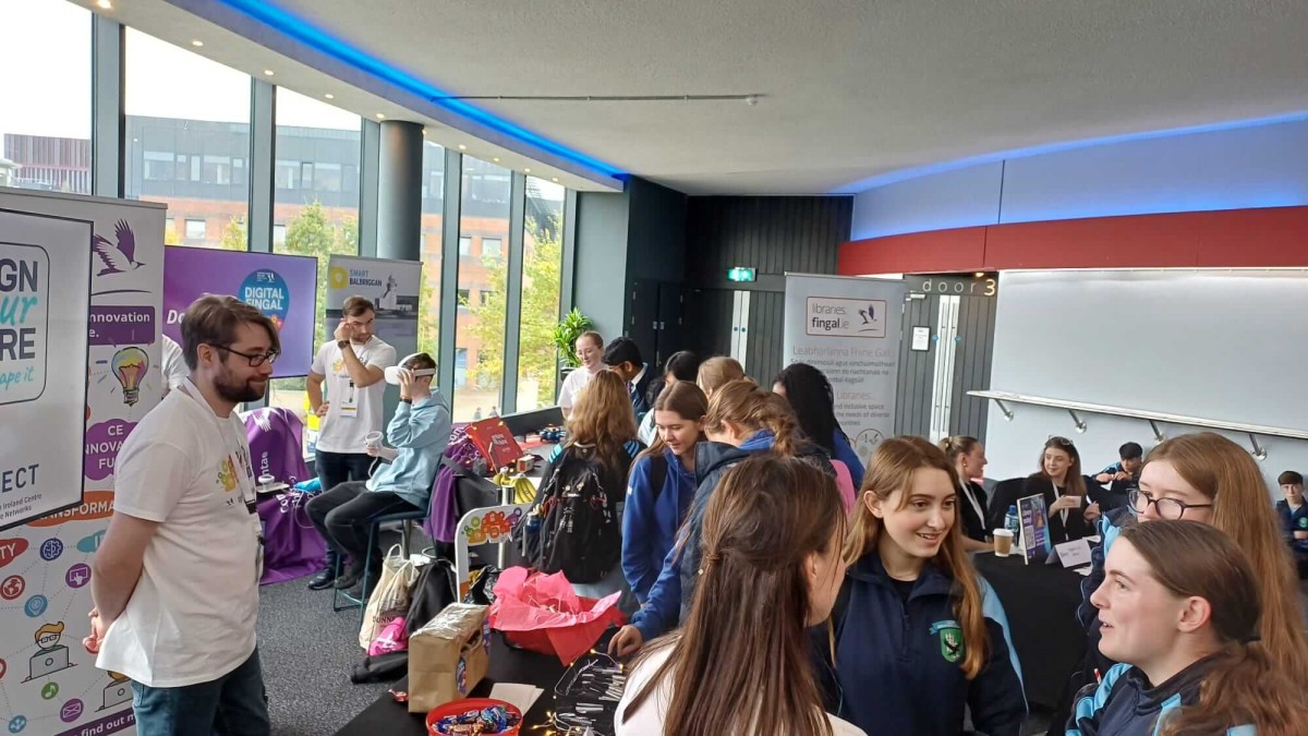 Transition Year Students at our stand queing up to try Makey Makey kit and VR Headsets