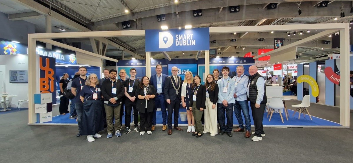 Smart Dublin, Fingal County Council, Dublin City Council, Dun Laoghaire County Council, South Dublin County Council colleagues alongside the Lord Mayor of Dublin, Ray McAdam, in front of the Smart Dublin booth.